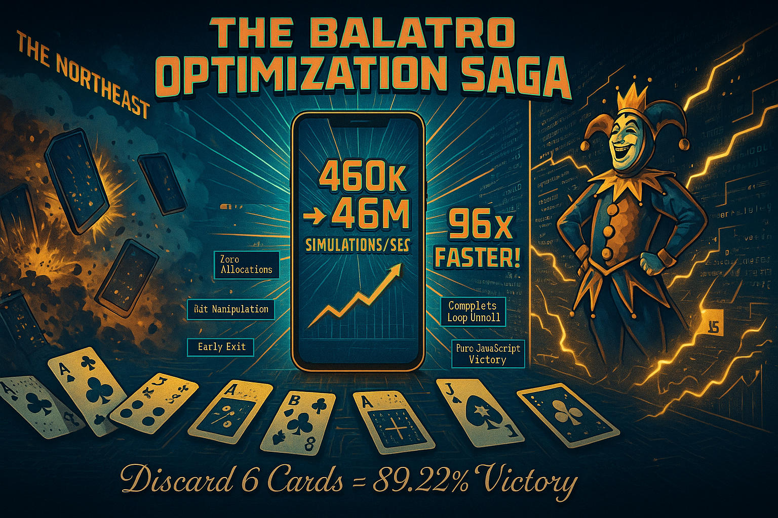 An epic digital art poster depicting a heroic computational optimization journey. In the center, a massive glowing smartphone/device radiating intense light beams, with performance numbers floating around it: '480K → 46M simulations/sec' and '96x FASTER!' written in bold, futuristic text. The background shows a dramatic before-and-after split: on the left, a chaotic scene of exploding phones and atomized particles labeled 'The Northeast' with smoke and destruction; on the right, a clean, powerful scene with perfectly organized JavaScript code streams, golden optimization lightning bolts, and a triumphant jester character wearing a crown (representing Balatro mastery). In the foreground, playing cards are scattered around (representing Balatro), with some cards showing mathematical symbols and bit patterns. There are floating code snippets with phrases like 'Zero Allocations', 'Bit Manipulation', 'Early Exit', 'Complete Loop Unroll', and 'Pure JavaScript Victory'. At the top, the title 'THE BALATRO OPTIMIZATION SAGA' appears in bold, retro-gaming style letters. At the bottom appears the final commandment: 'Discard 6 Cards = 89.22% Victory' in elegant script. The overall style is a mix of cyberpunk aesthetics, retro gaming poster art, and jester/card game themes. It uses electric blues, bright oranges, and metallic gold colors with dramatic lighting effects. It include subtle circuit board patterns and performance graphs trending sharply upward.